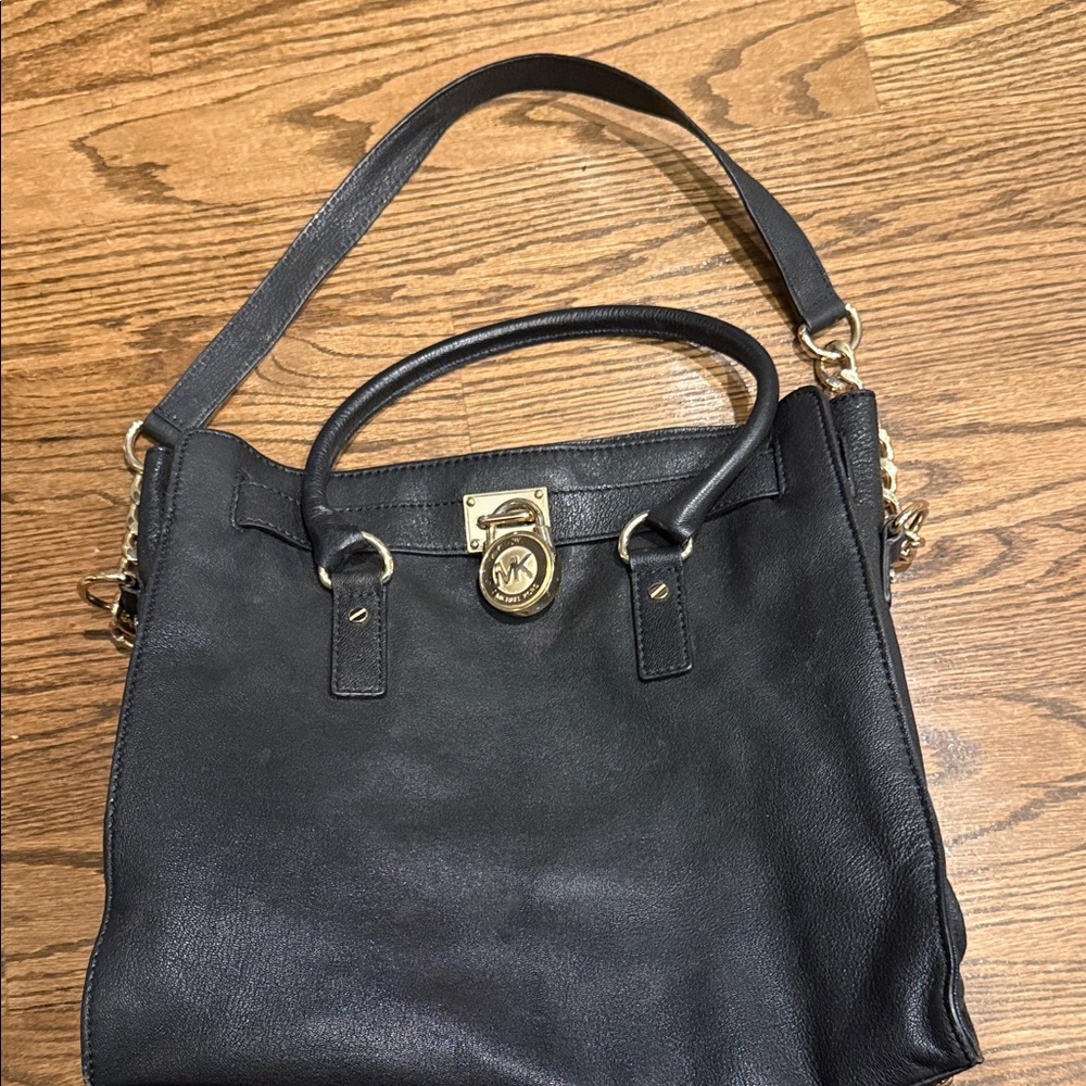Michael Kors Black Leather Tote with Gold Chain